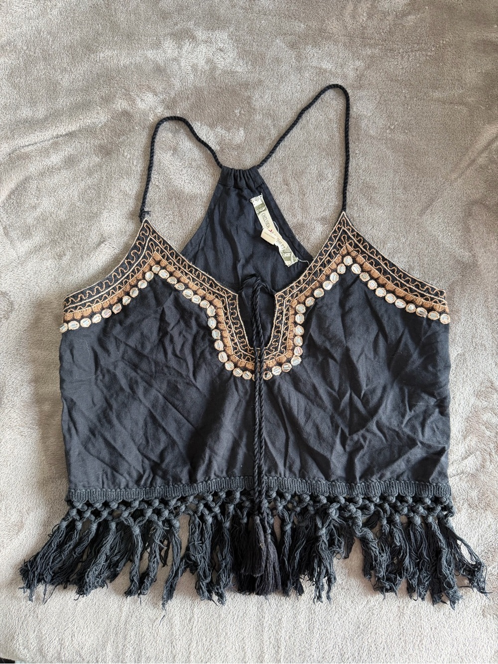 Black Embroidered Fringe Boho Camisole Top